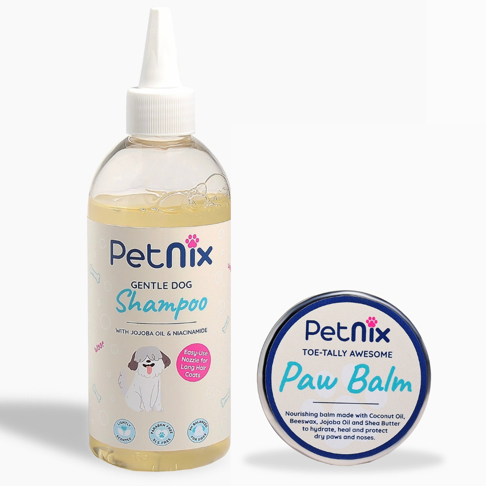 PetNix Gentle Dog Shampoo bottle and Paw Balm on a white background