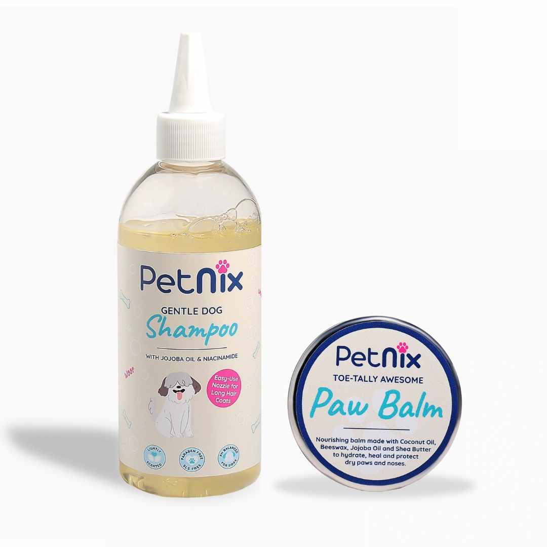 PetNix Gentle Dog Shampoo bottle and Paw Balm on a white background
