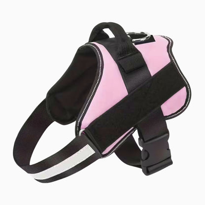 Pink and black dog harness with reflective stripes on a white background