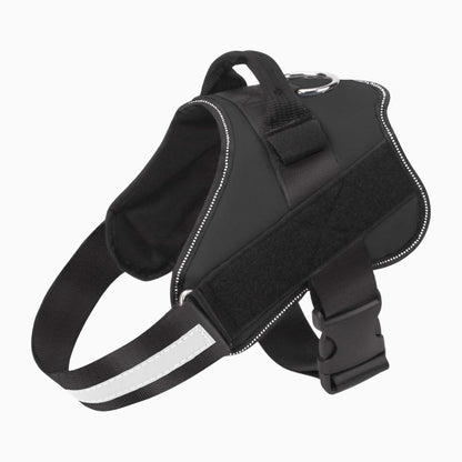 Black dog harness with reflective stripes on a white background