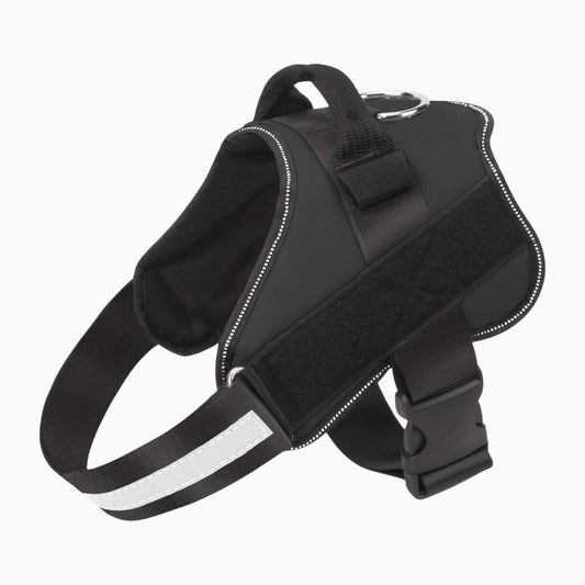 Black dog harness with reflective stripes on a white background